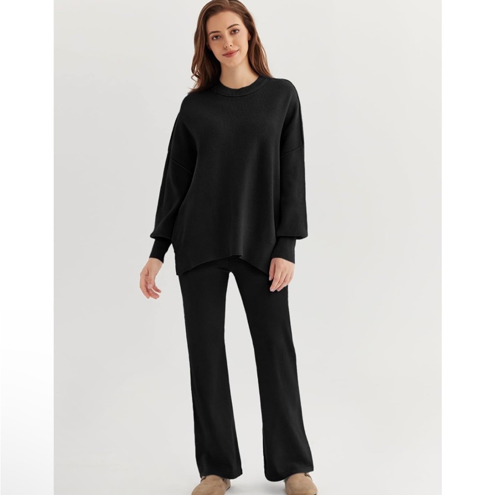 LILLUSORY 2 Piece Sweater Sets Oversized Knit Pullover Tops Wide Leg Pants Set